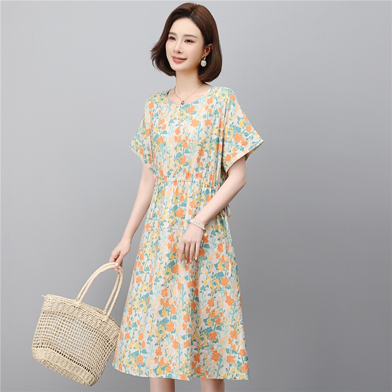 新款连衣裙女2026年夏季收腰宽松显瘦气质中长裙高端减龄休闲印花,女装连衣裙,江忆布依