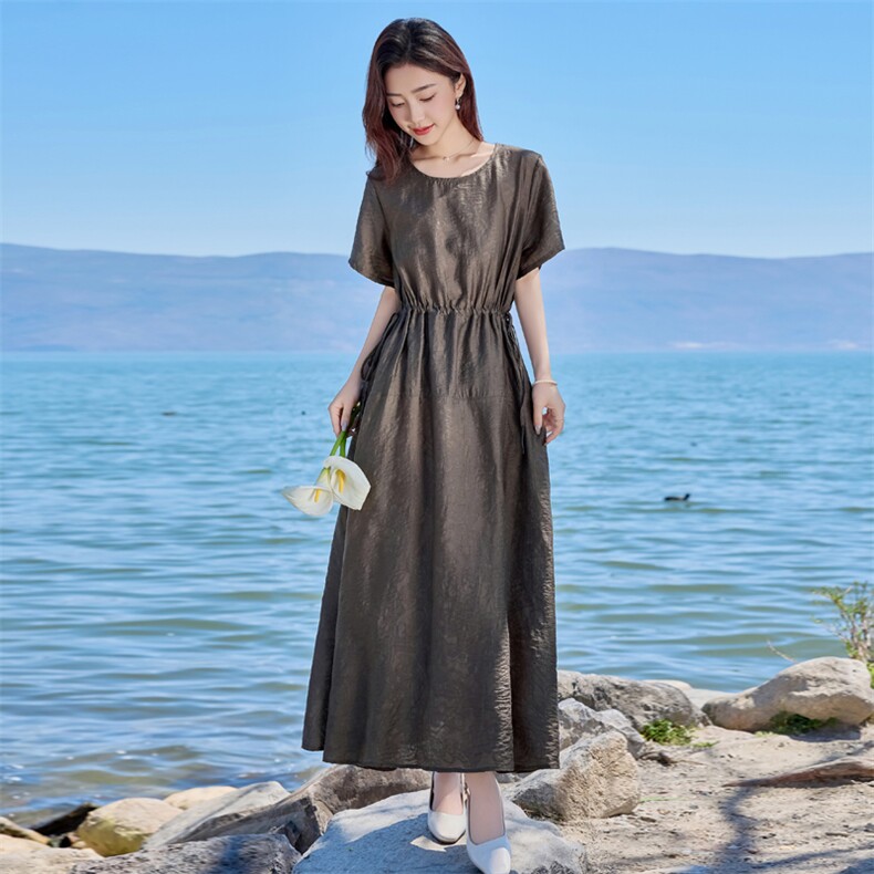 宽松连衣裙女夏季2025新款遮肉显瘦气质洋气复古抽绳天丝圆领裙子,女装连衣裙,缘衣格