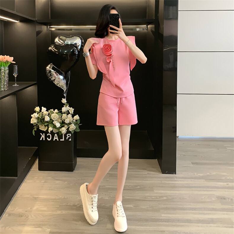女夏季新款时尚休闲套装高端欧货粉色立体花朵短袖宽松短裤两件套,女装套装/套裙,江南