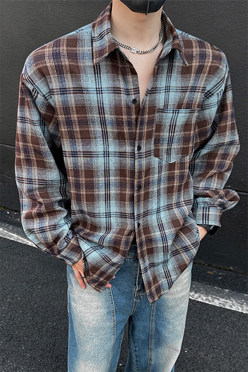 美式高街潮流格子衬衫潮牌宽松休闲上衣A086-CS2208-P35,男装衬衫,电商基地A086