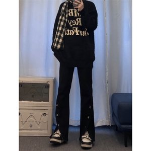 高街美式排扣牛仔裤拉链设计感直筒牛仔裤图片