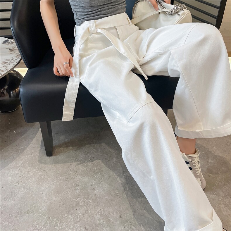 灰绿色飘带休闲阔腿牛仔裤女2025夏季新款高腰宽松显瘦坠感拖地裤,女装休闲裤,梦白服饰厂