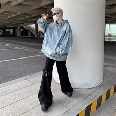 做旧水洗连帽牛仔卫衣男秋季美式复古街头风宽松外套夹克男，男装夹克，星座716-2