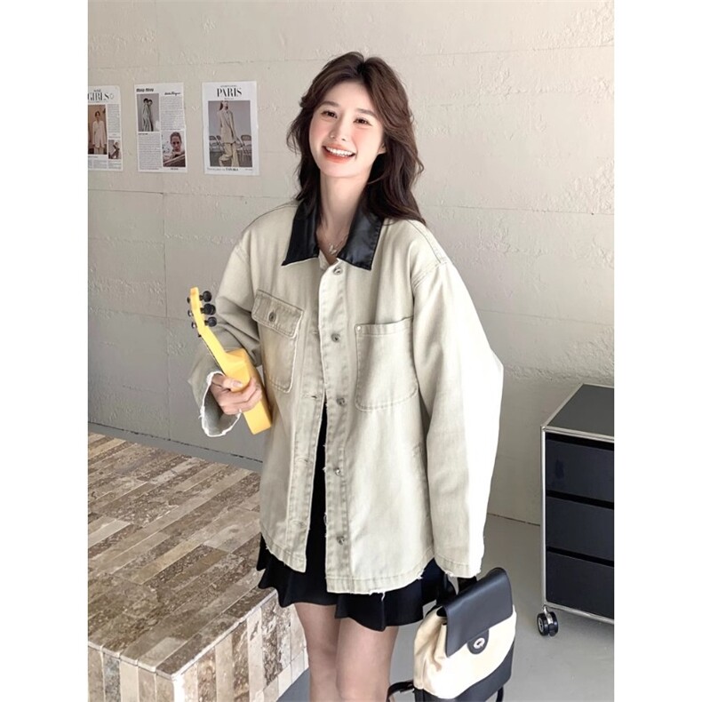 JK8967-P65灰色拼接pu皮领牛仔外套男女秋冬款中性工装褂子，男装工装外套，电商B323A