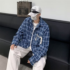 秋季小众口袋设计格子衬衫美式复古宽松休闲外套，男装衬衫，星座410-7