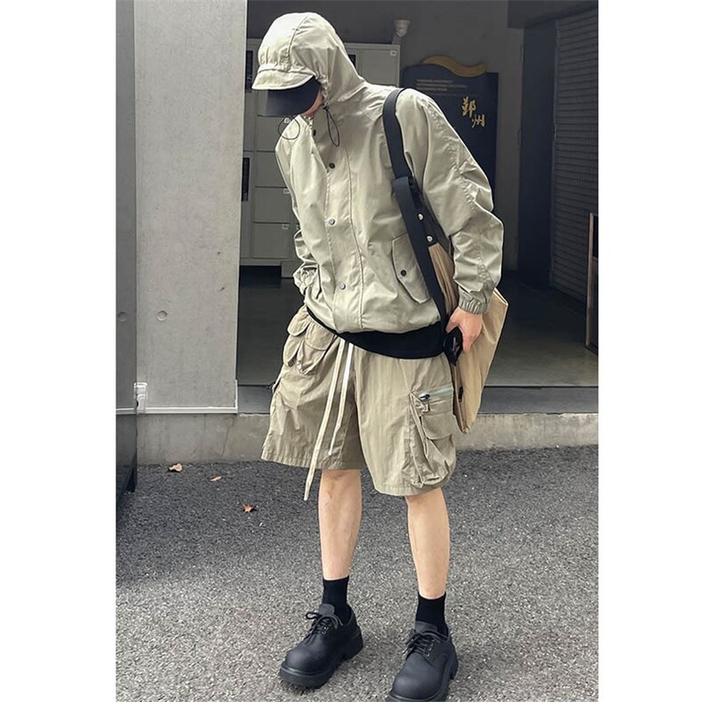防水速干机能风工装拉链口袋短裤男生炸街复古五分运动阔腿哈伦裤图片