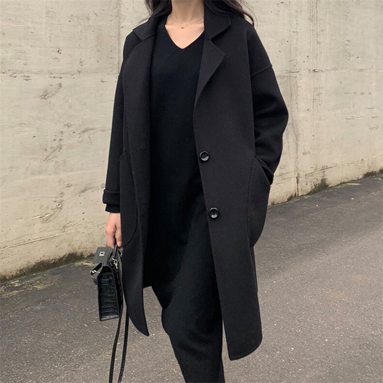 时尚百搭黑色羊毛大衣女秋冬季新款韩版宽松显瘦长款外套,女装毛呢外套,乾庄羊绒