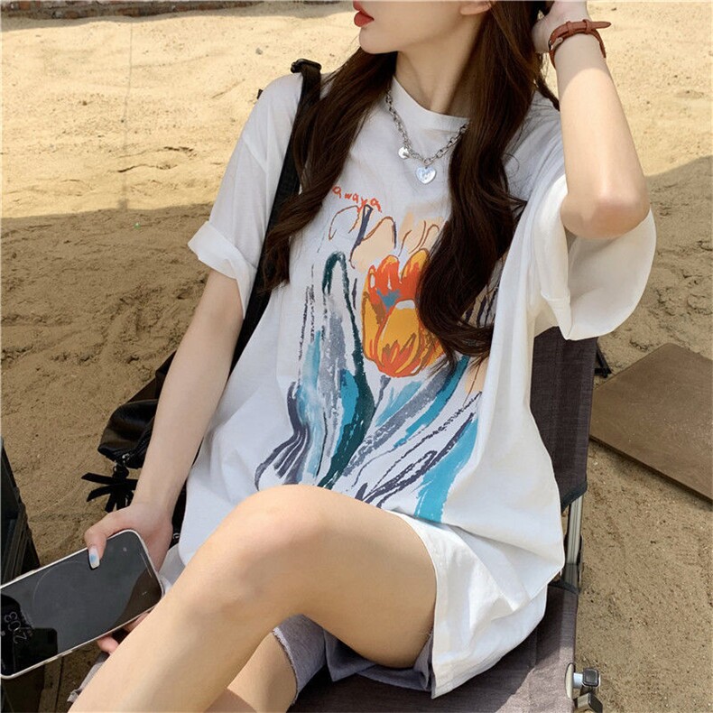 T0658-P25日系手绘郁金香印花纯棉短袖学院风学生百搭，男装T恤，星座617A-2