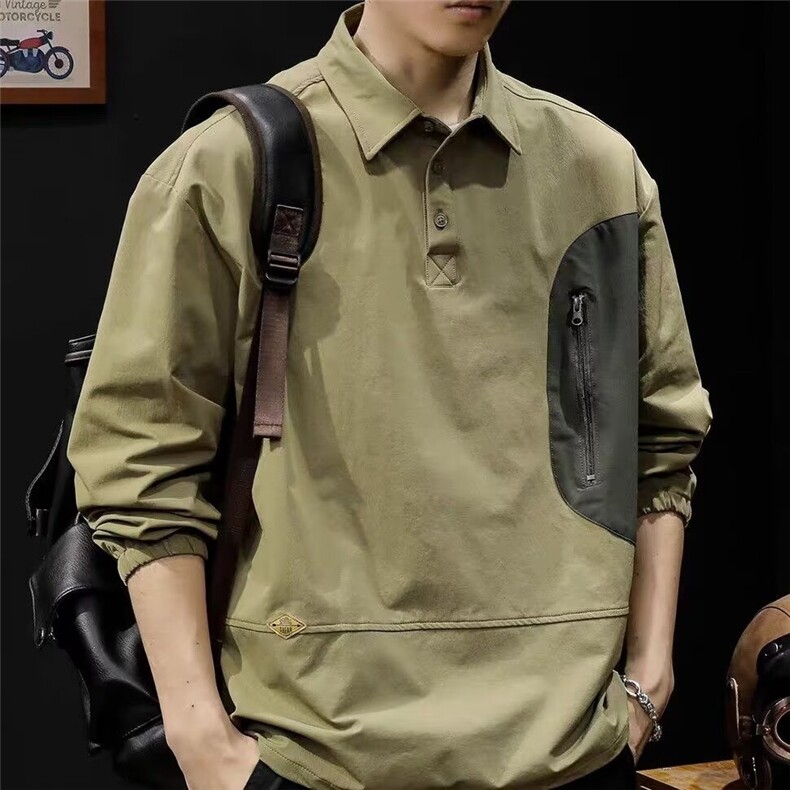 撞色拼接山系机能潮流男polo衫秋美式休闲翻领长袖上衣PL371 P42图片