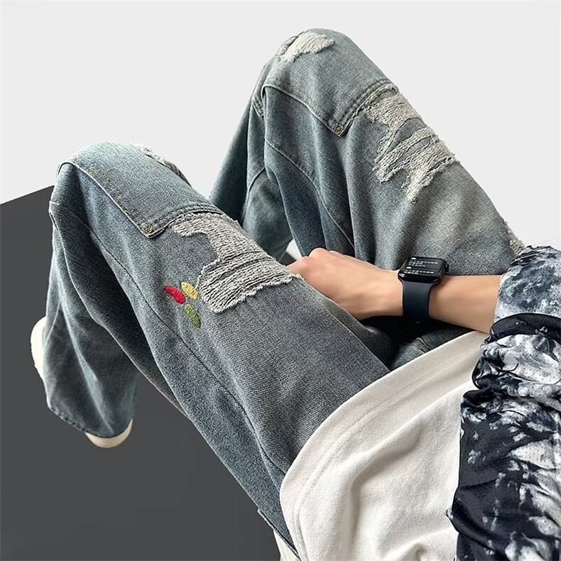 高街水洗做旧破洞牛仔裤男潮牌hiphop宽松直筒百搭长裤CN885-p45图片