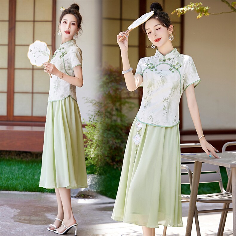 新中式改良旗袍套装连衣裙女2025夏季新款印花汉服禅意两件套裙子,女装套装/套裙,艾仟回(原伊仟回)