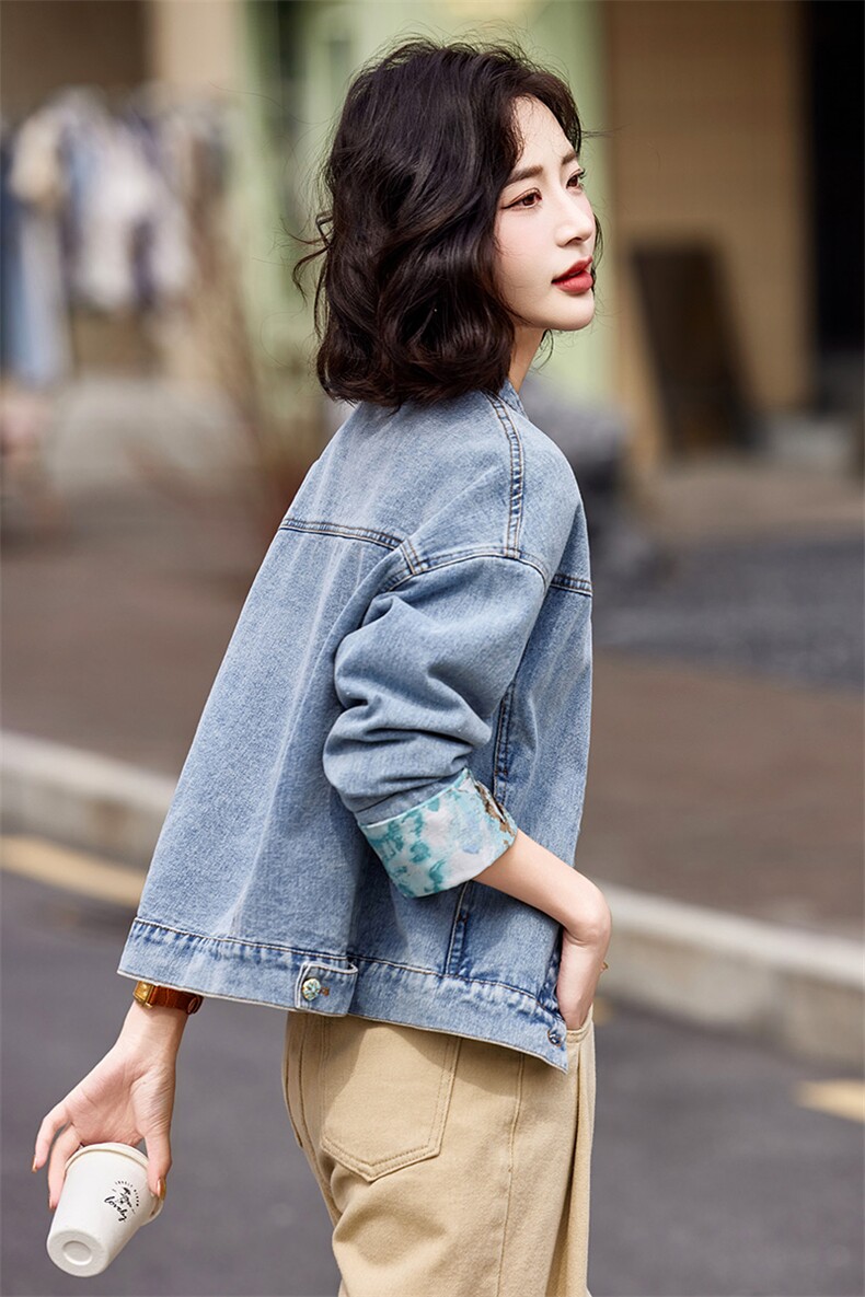 蓝色韩系休闲气质蕾丝拼接牛仔外套女2025早春新款小个子百搭夹克,女装短外套,靓衣阁