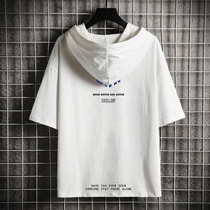 LD54120-P45 连帽短袖t恤男大码胖子带帽五分袖中袖 网格挂拍图片