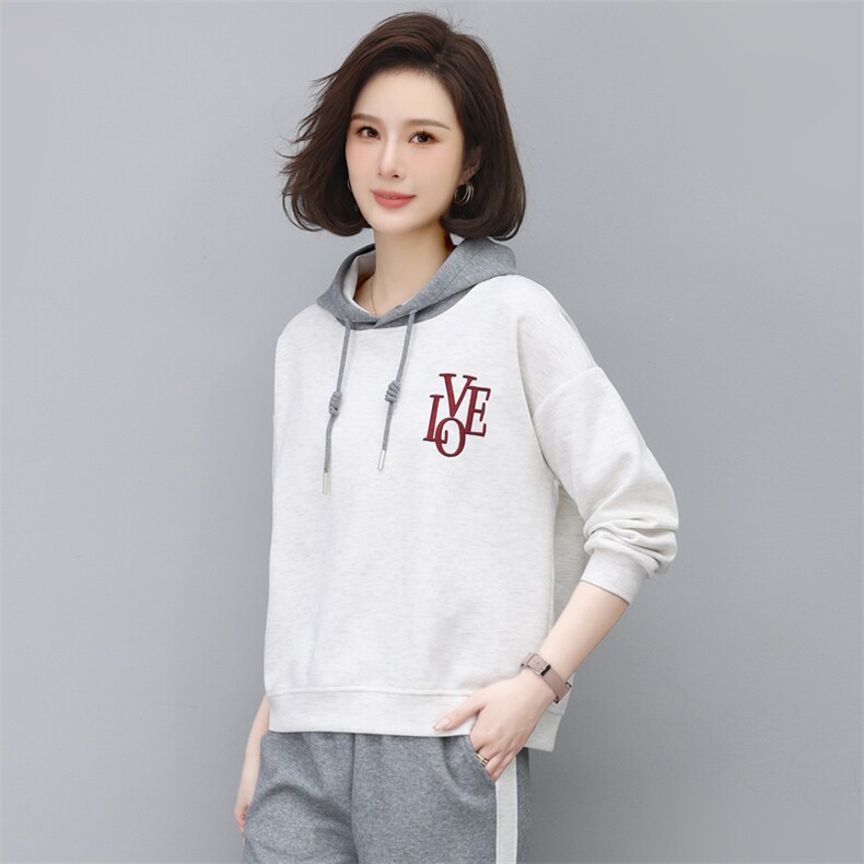 时尚休闲宽松连帽刺绣卫衣套装女秋冬季新款韩版百搭显瘦长袖上衣裤子两件套,女装卫衣/绒衫,依恋蒂丝