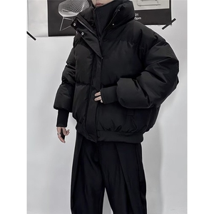 纯色假两件立领短款棉服外套男女同款冬季加厚面包服保暖黑色棉衣图片