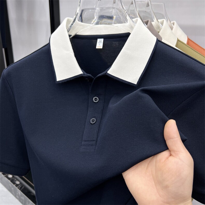 夏季男士潮流净版POLO衫简约轻奢T恤慵懒风珠地棉撞色领设计,男装T恤,钱塘207-1