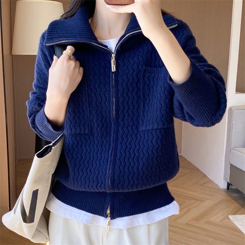 秋冬翻领羊绒开衫女高领双拉链毛衣外套加厚针织宽松羊毛衫外搭,女装羊毛衫,盛鼎羊绒