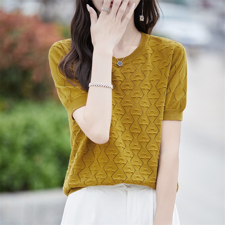 2025年夏季新款纯棉镂空钩花短袖T恤衫女气质洋气纯色针织衫上衣,女装T恤,秋双羊绒