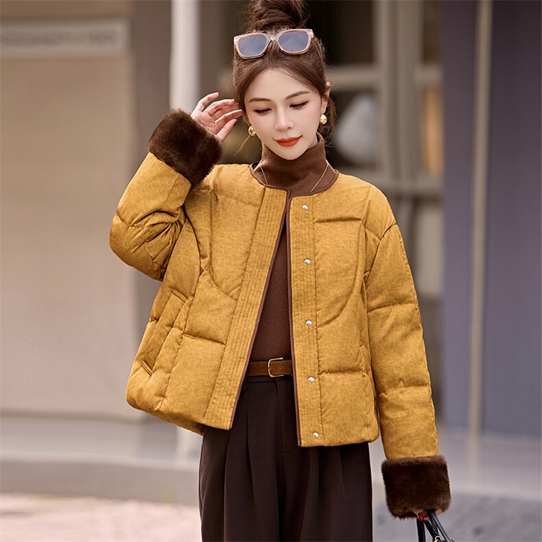 新中式国风提花圆领羽绒服女2024冬季新款小个子90白鸭绒保暖外套,女装羽绒服,姿衣坊