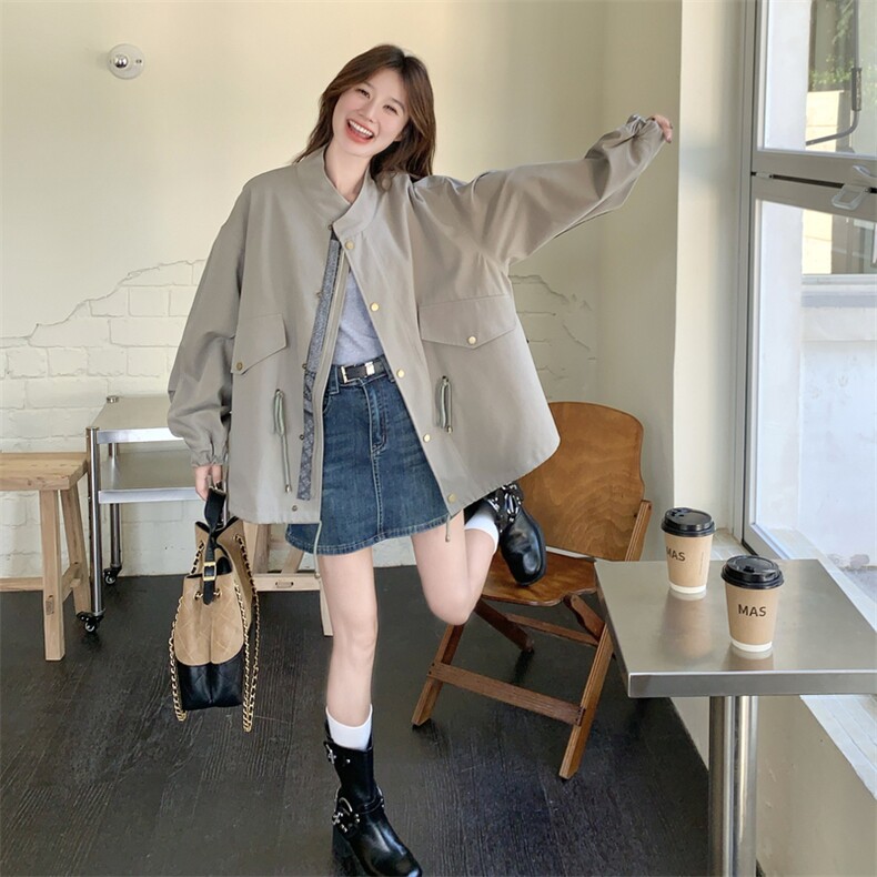 撞色拼接休闲廓形灰色外套女春秋2025新款小个子流行爆款百搭上衣,女装风衣,2C316