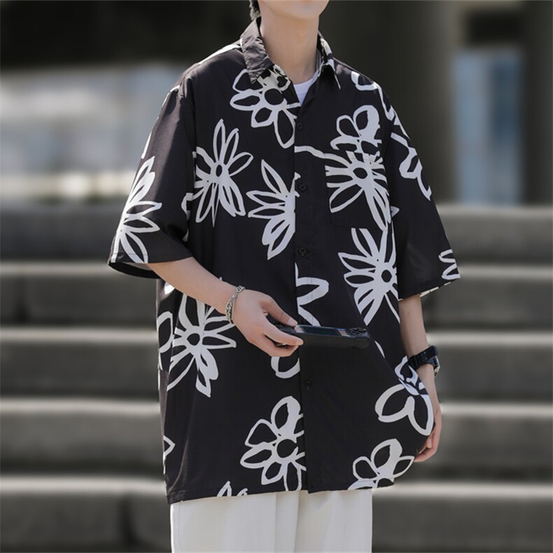 2025夏装花朵印花短袖冰丝衬衫男女潮流衬衣 C309P35图片