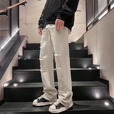 欧美高街vibe裤子潮牌穿搭牛仔裤男修身破洞微喇叭裤SE21P45，男装牛仔裤，星座1116-2