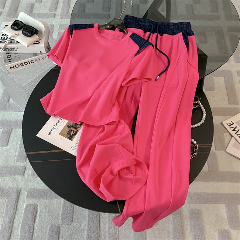 时尚休闲运动套装女夏季新款高级感显瘦短袖上衣宽松阔腿裤两件套,女装套装/套裙,江南