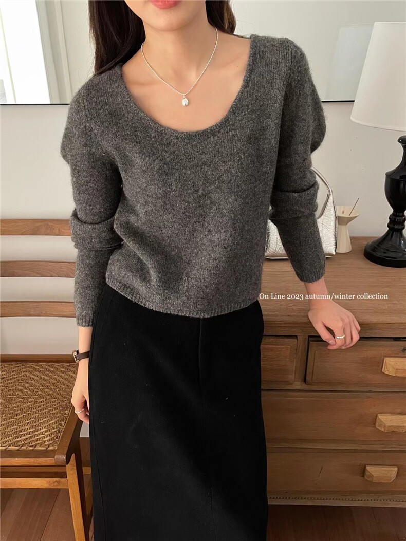 秋冬U领纯色长袖内搭毛衣女宽松显瘦针织打底套衫,针织衫/毛衣,半城羊绒