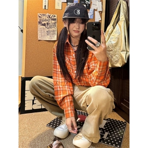 橙色格子衬衫美式刺绣外套 C9812-P55图片