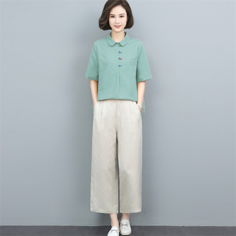妈妈夏装2024新款太洋气时尚短袖棉麻套装中年女夫人一整套装,女装套装/套裙,璐依舞