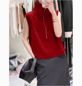 马甲秋冬新款半拉链设计坎肩背心翻领女无袖毛衣,女装马甲,丽特绒