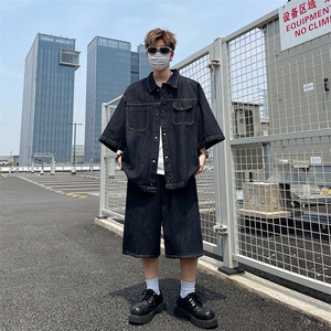 夏季薄款美式复古牛仔套装宽松休闲两件套图片