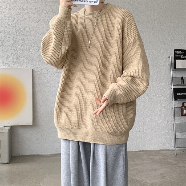 8XL-M纯色圆领毛衣秋冬季宽松套头针织衫慵懒风毛线衣MY1506/P68,男装针织衫/毛衣,电商B238