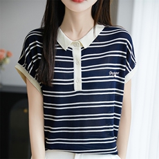 夏季薄款POLO领条纹针织短袖T恤衫女2025新款天丝小个子百搭上衣，女装针织衫/毛衣，郡淞羊绒