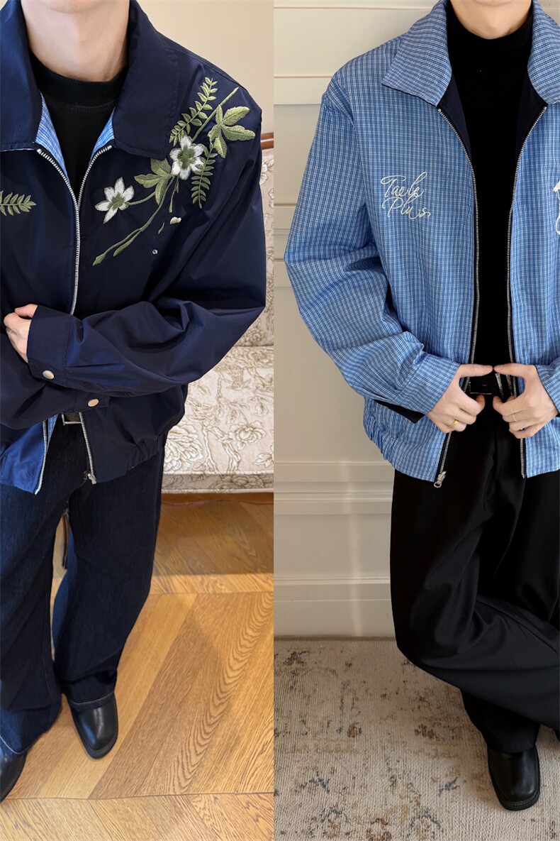 花卉刺绣格子双面穿夹克男装秋季宽松休闲外套XZ514-2-JK990-P98,男装夹克,星座514-2(原B239)