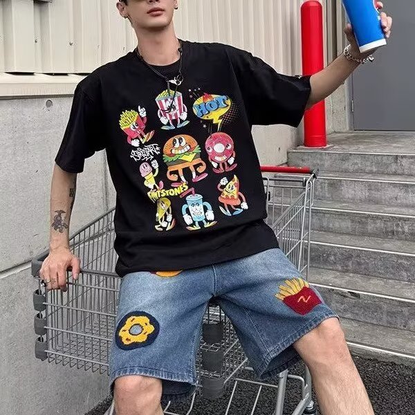 美式复古汉堡薯条毛巾绣牛仔短裤夏季宽松阔腿直筒五分裤XX1631,男装牛仔裤,星座208-5