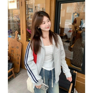 立领春秋宽松灰色夹克卫衣男女潮2025新品百搭潮流网红上衣三条杠图片
