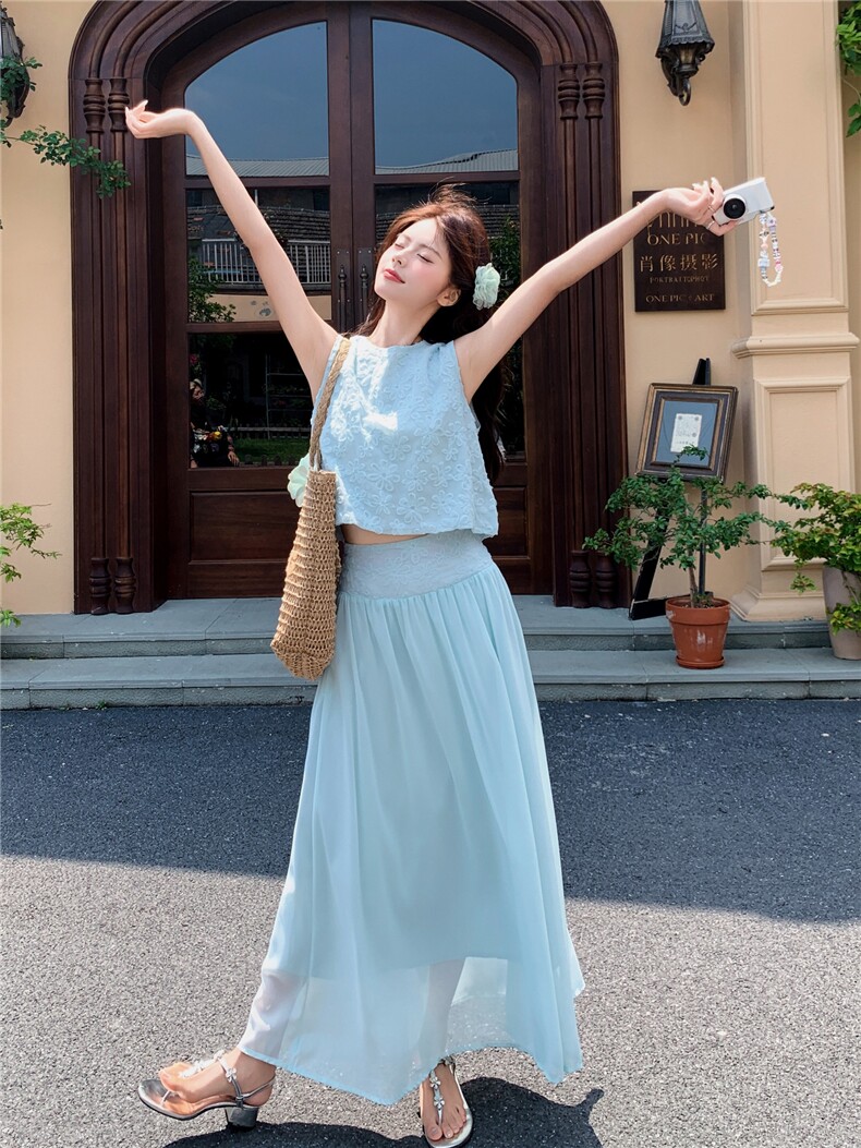 度假风刺绣无袖上衣半身裙套装女2026年夏季新款高级感显瘦两件套,女装套装/套裙,艾米莉亚