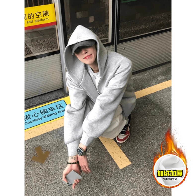 480G重磅加绒硬挺boxy男女秋冬美式高街结构无帽绳开衫卫衣厚外套，女装短外套，电商A486