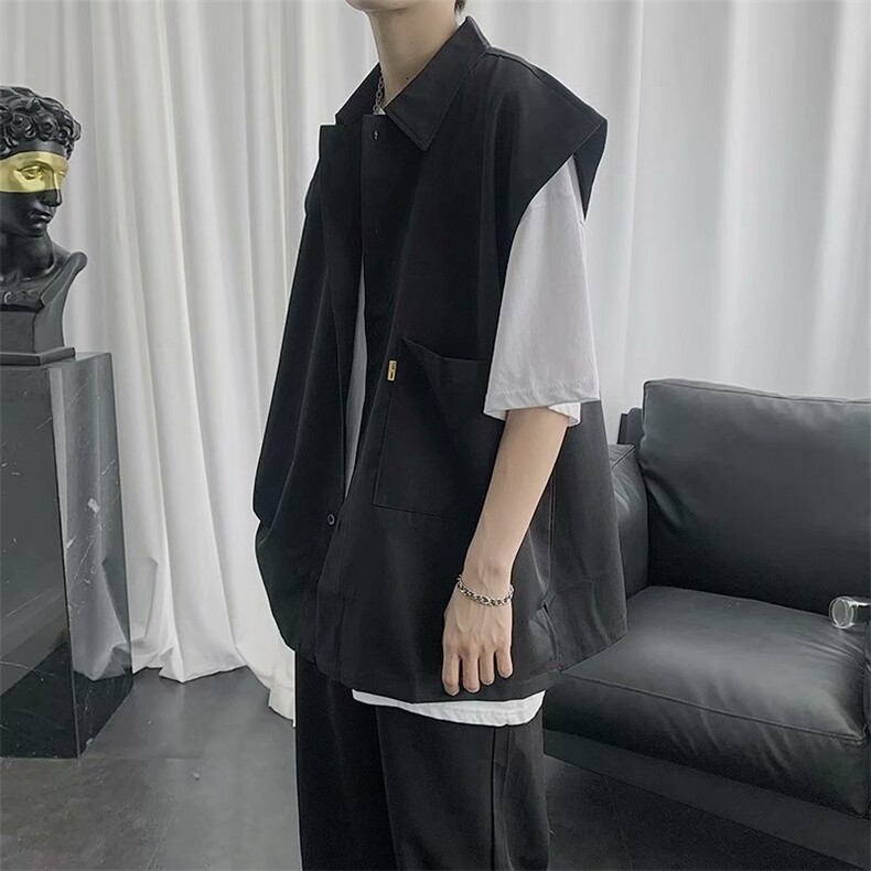 无袖衬衫男宽松港风日系ins夏季薄款外穿衬衣韩版潮流百搭C07-P28，男装衬衫，星座1008-1