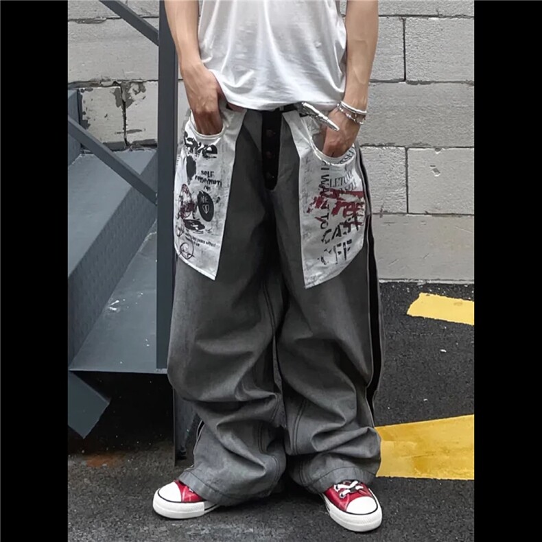 NK1007-P58 美式高街复古水洗反穿设计感牛仔裤男街头潮牌宽松图片