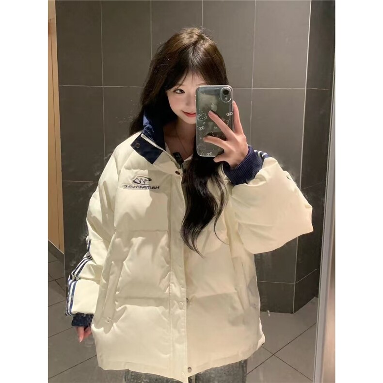 高级感拼接三杠立领棉服女冬季新款条纹宽松百搭学生棒球服外套女,男装棉衣,星座506A