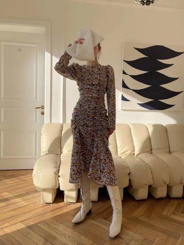 现货圆领褶皱印花长裙，其它，LION&CAT(2F)