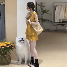 少女风穿搭时尚套装女夏宽松显瘦纯色圆领无袖上衣阔腿短裤两件套，女装套装/套裙，2C310