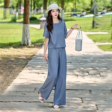 现货套装女2026年夏季新款时尚气质天丝牛仔轻薄阔腿裤两件套，女装套装/套裙，关键词