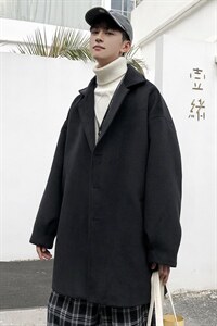 秋装纯色港风ins主推宽松百搭呢料男大衣A071-088-P115，男装风衣，电商A071