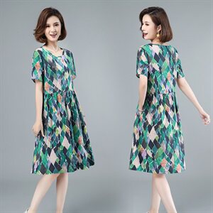 2021年夏季中长款通勤韩版套头A字裙40-49周岁印花高腰裙子短袖图片