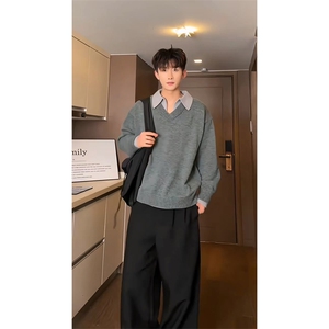 重磅北极绒假两件衬衫领毛衣美式高街复古休闲慵懒纯色翻领针织衫图片