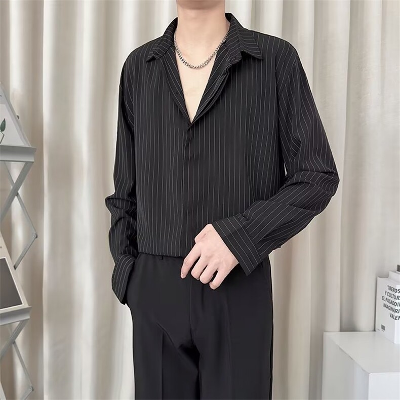 春秋长袖竖条纹衬衫男痞帅休闲青少年bf韩版日系雅痞衬衣 T38图片