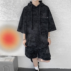 现货TZ773-特批55控88设计感高质感套装连帽大码T恤短袖短裤，男装休闲套装，电商A059